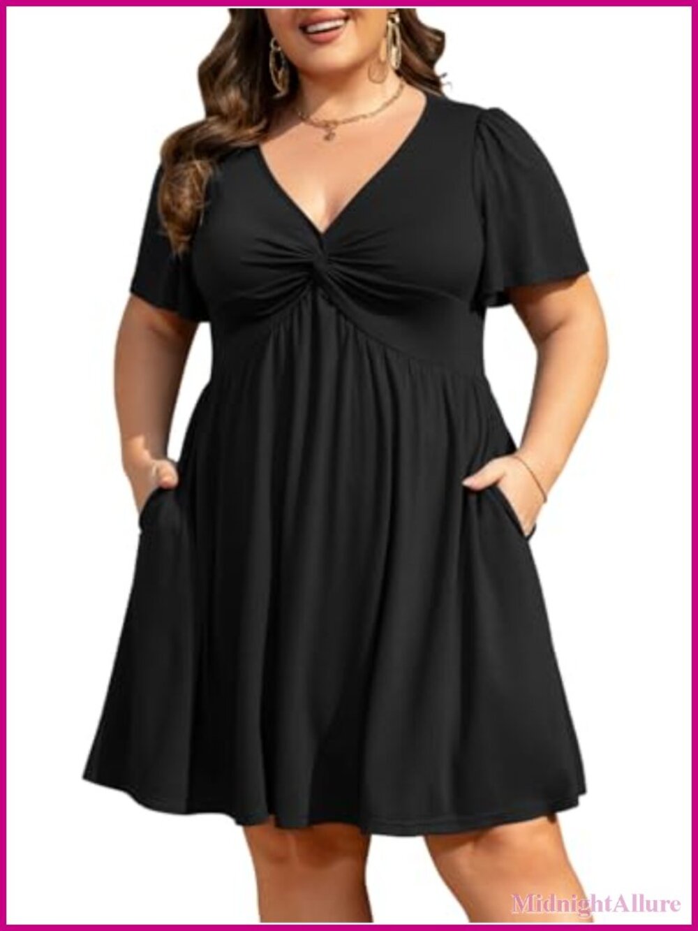 Plus Size Summer Casual Dress Short Sleeve V Neck Twist Knot Front Flowy Midi